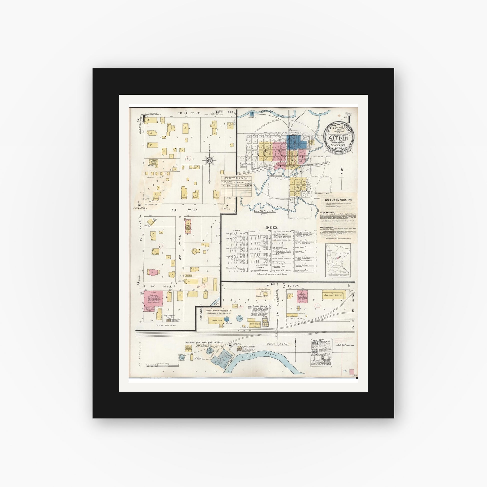 Old map wall art mockup — black gallery frame with white mat — Sanborn Fire Insurance Map from Aitkin, Aitkin County, Minnesota (1936), Sheet #0001