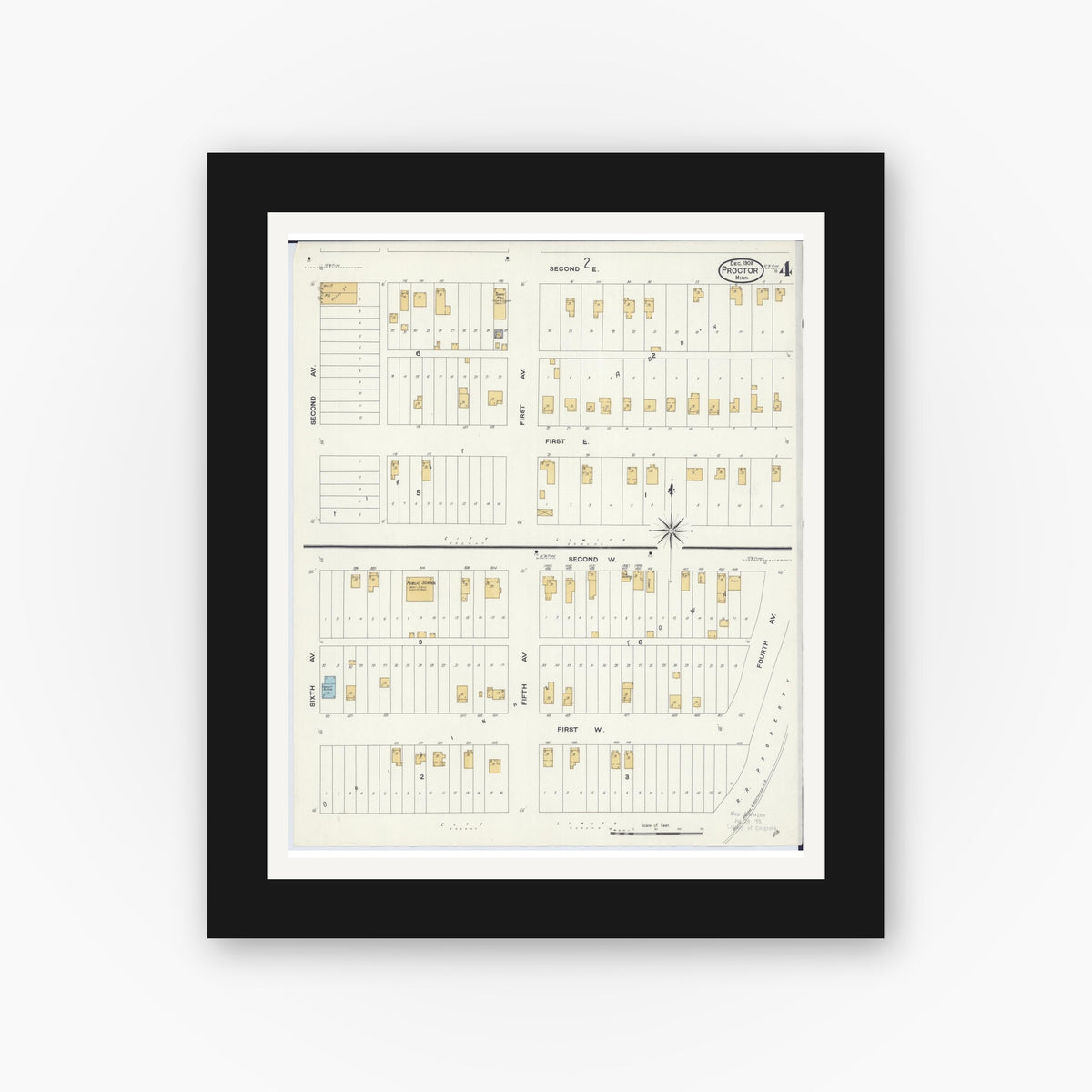 Old map wall art mockup — black gallery frame with white mat — Sanborn Fire Insurance Map from Proctor, Saint Louis County, Minnesota (1908), Sheet #0004