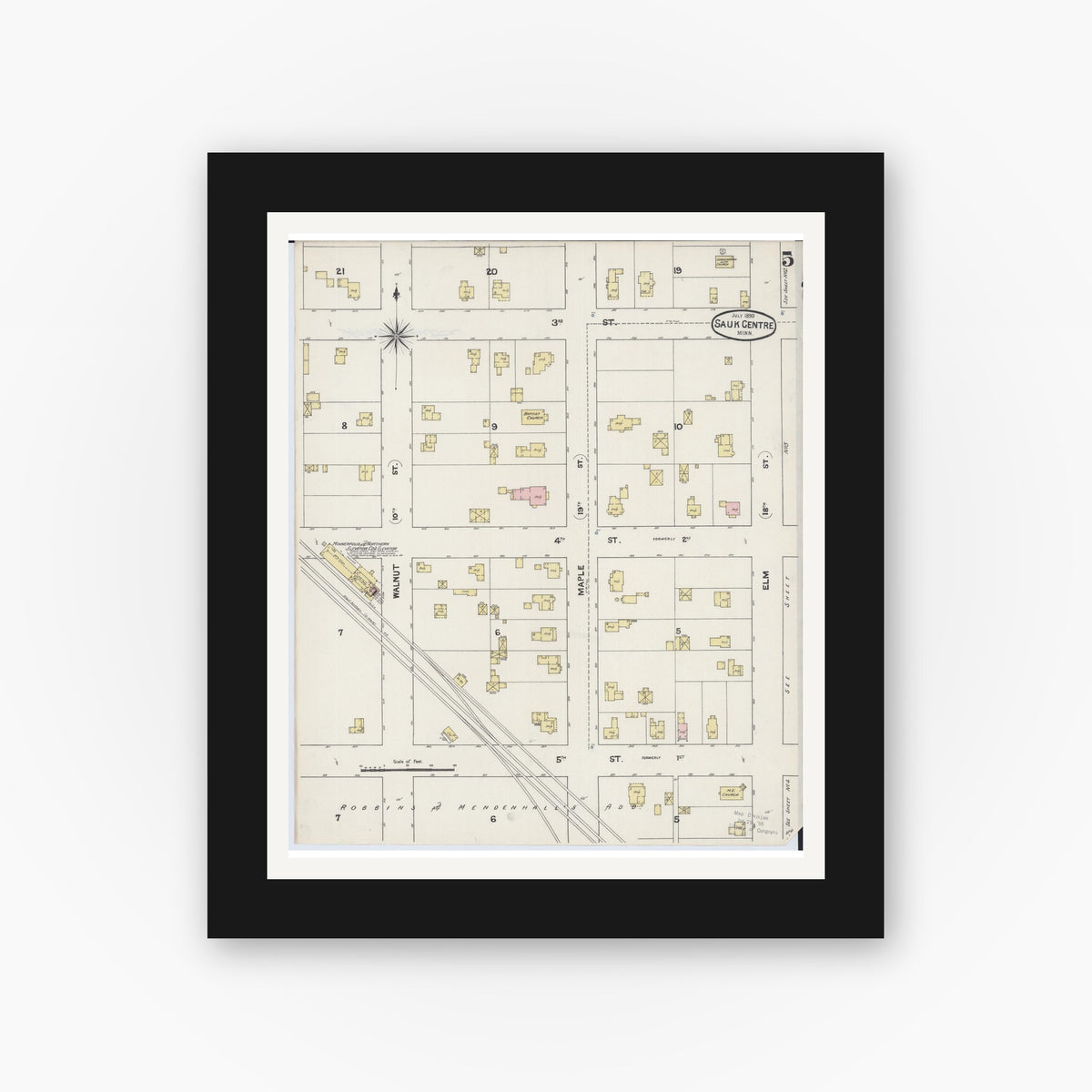 Old map wall art mockup — black gallery frame with white mat — Sanborn Fire Insurance Map from Sauk Centre, Stearns County, Minnesota (1890), Sheet #0005