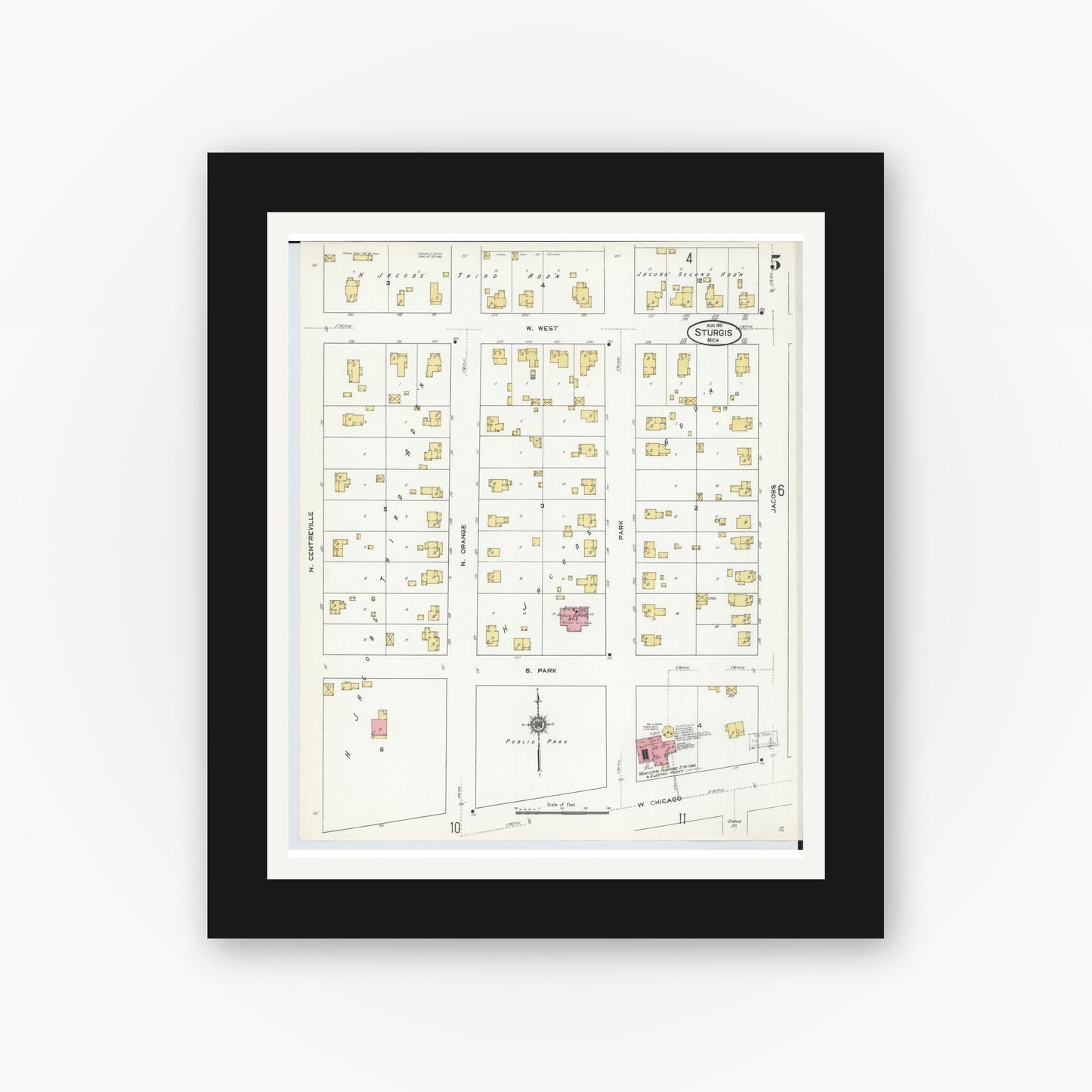 Old map wall art mockup — black gallery frame with white mat — Sanborn Fire Insurance Map from Sturgis, Saint Joseph County, Michigan (1911), Sheet #0005