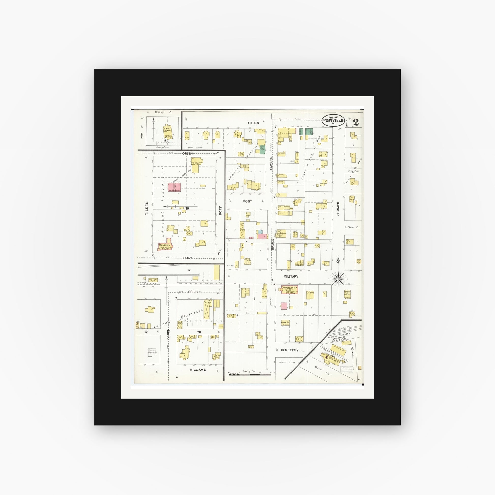 Old map wall art mockup — black gallery frame with white mat — Sanborn Fire Insurance Map from Postville, Allamakee County, Iowa (1902), Sheet #0002