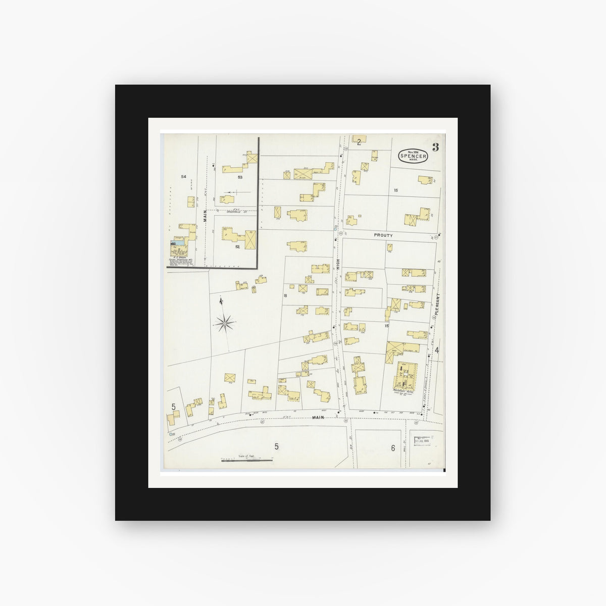 Old map wall art mockup — black gallery frame with white mat — Sanborn Fire Insurance Map from Spencer, Worcester County, Massachusetts (1896), Sheet #0003