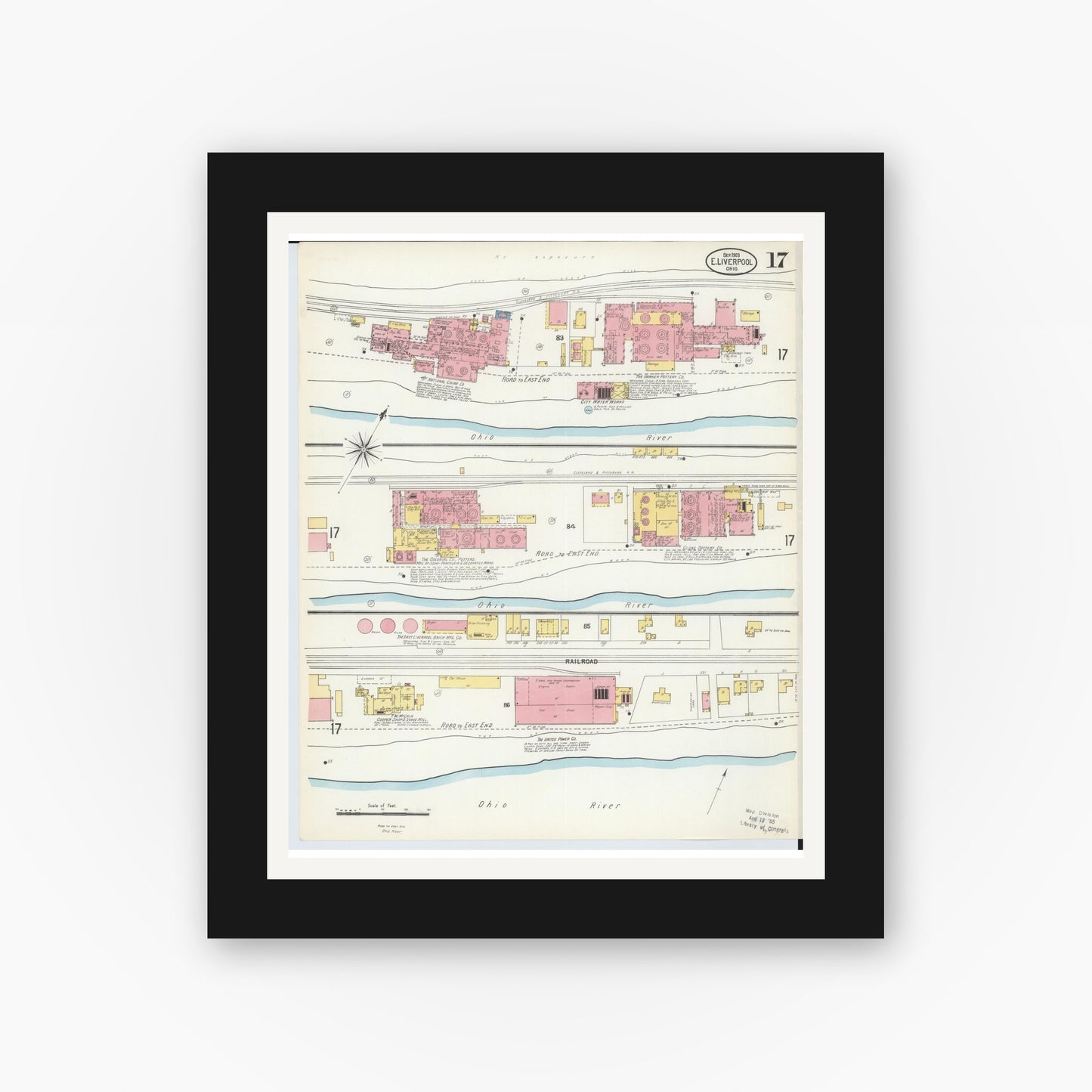 Old map wall art mockup — black gallery frame with white mat — Sanborn Fire Insurance Map from East Liverpool, Columbiana County, Ohio (1903), Sheet #0017