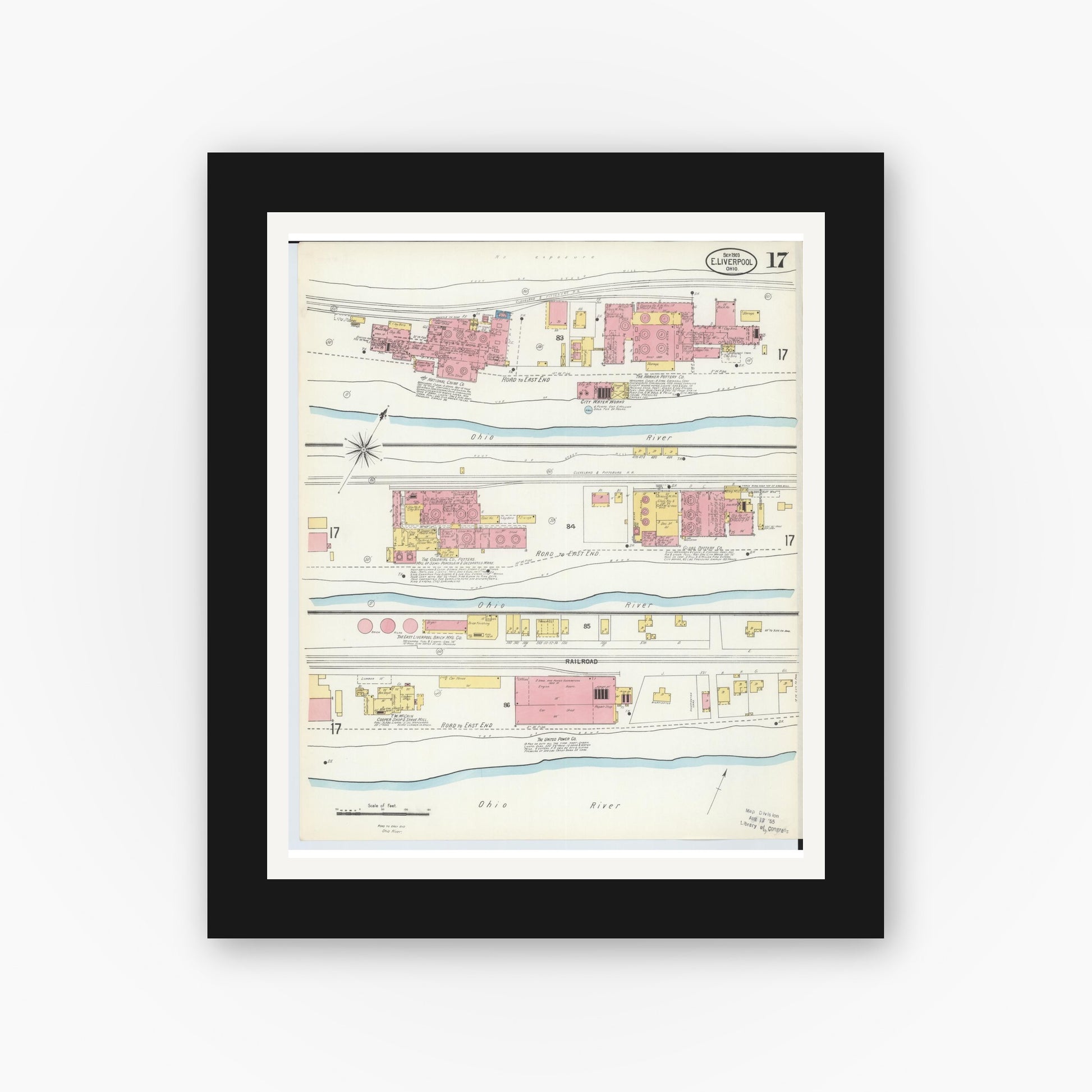 Old map wall art mockup — black gallery frame with white mat — Sanborn Fire Insurance Map from East Liverpool, Columbiana County, Ohio (1903), Sheet #0017