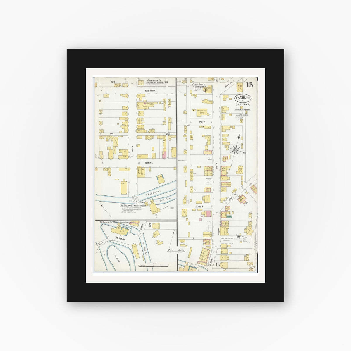 Old map wall art mockup — black gallery frame with white mat — Sanborn Fire Insurance Map from Lock Haven, Clinton County, Pennsylvania (1901), Sheet #0015