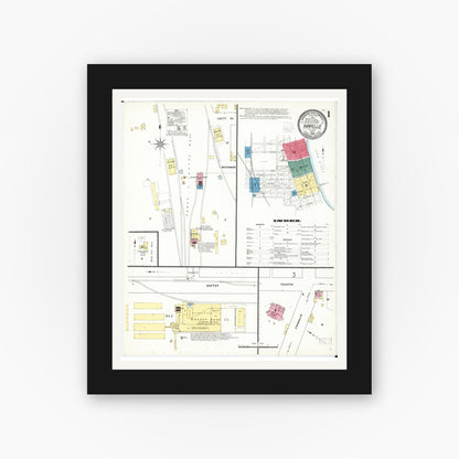 Old map wall art mockup — black gallery frame with white mat — Sanborn Fire Insurance Map from Wapello, Louisa County, Iowa (1909) â€” Complete Set