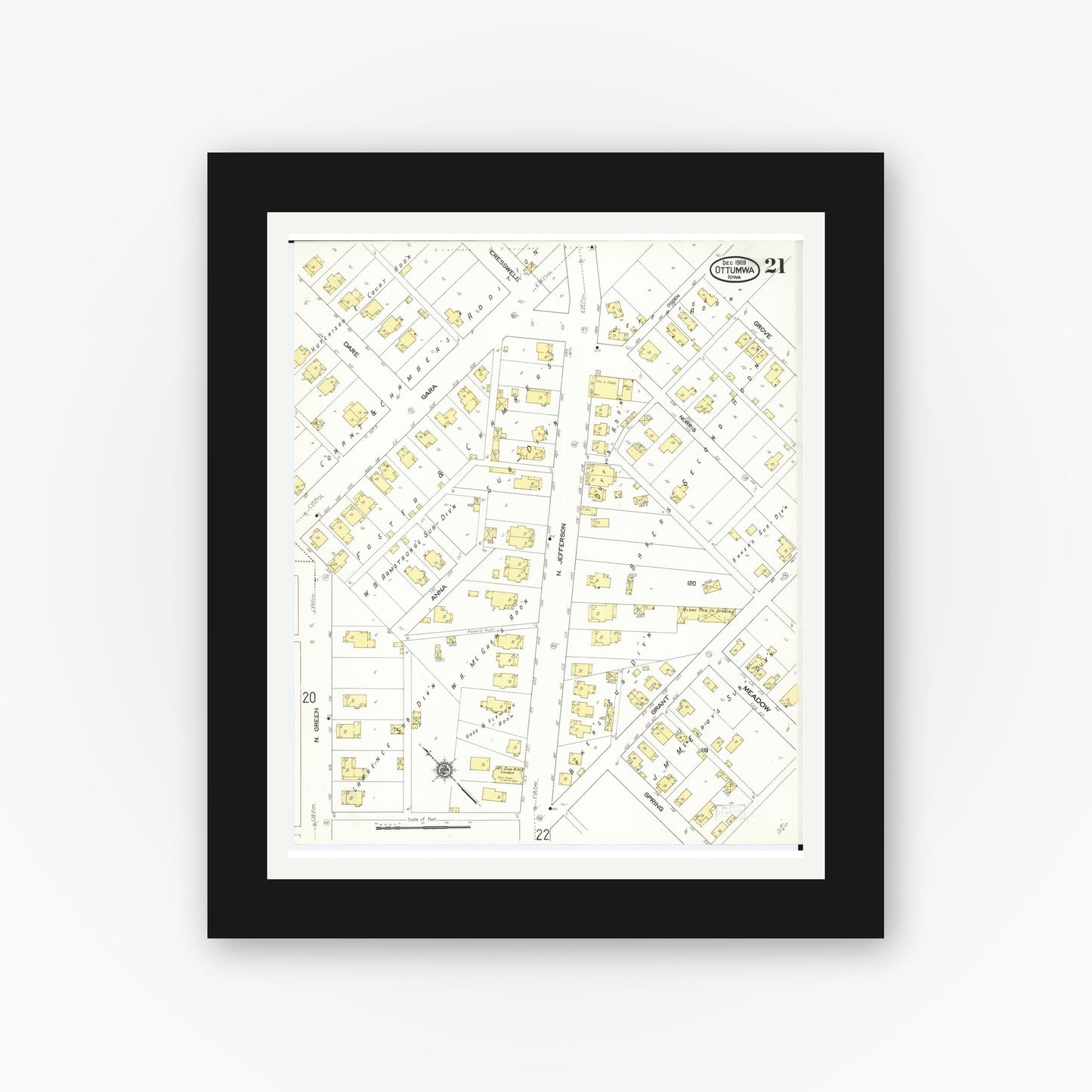 Old map wall art mockup — black gallery frame with white mat — Sanborn Fire Insurance Map from Ottumwa, Wapello County, Iowa (1909), Sheet #0021