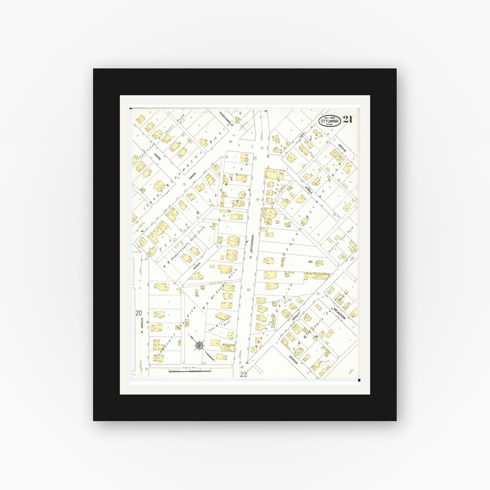 Old map wall art mockup — black gallery frame with white mat — Sanborn Fire Insurance Map from Ottumwa, Wapello County, Iowa (1909), Sheet #0021