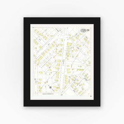 Old map wall art mockup — black gallery frame with white mat — Sanborn Fire Insurance Map from Ottumwa, Wapello County, Iowa (1909), Sheet #0021