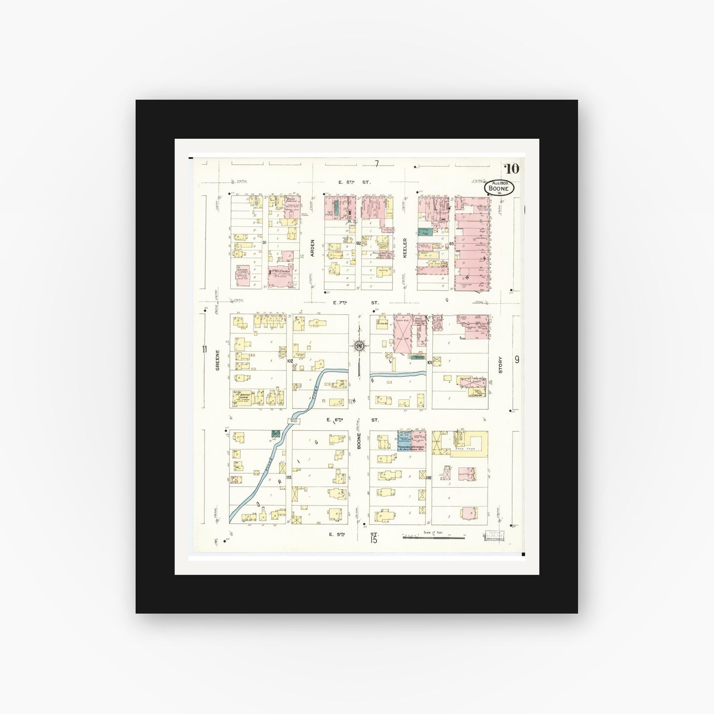 Old map wall art mockup — black gallery frame with white mat — Sanborn Fire Insurance Map from Boone, Boone County, Iowa (1909), Sheet #0010