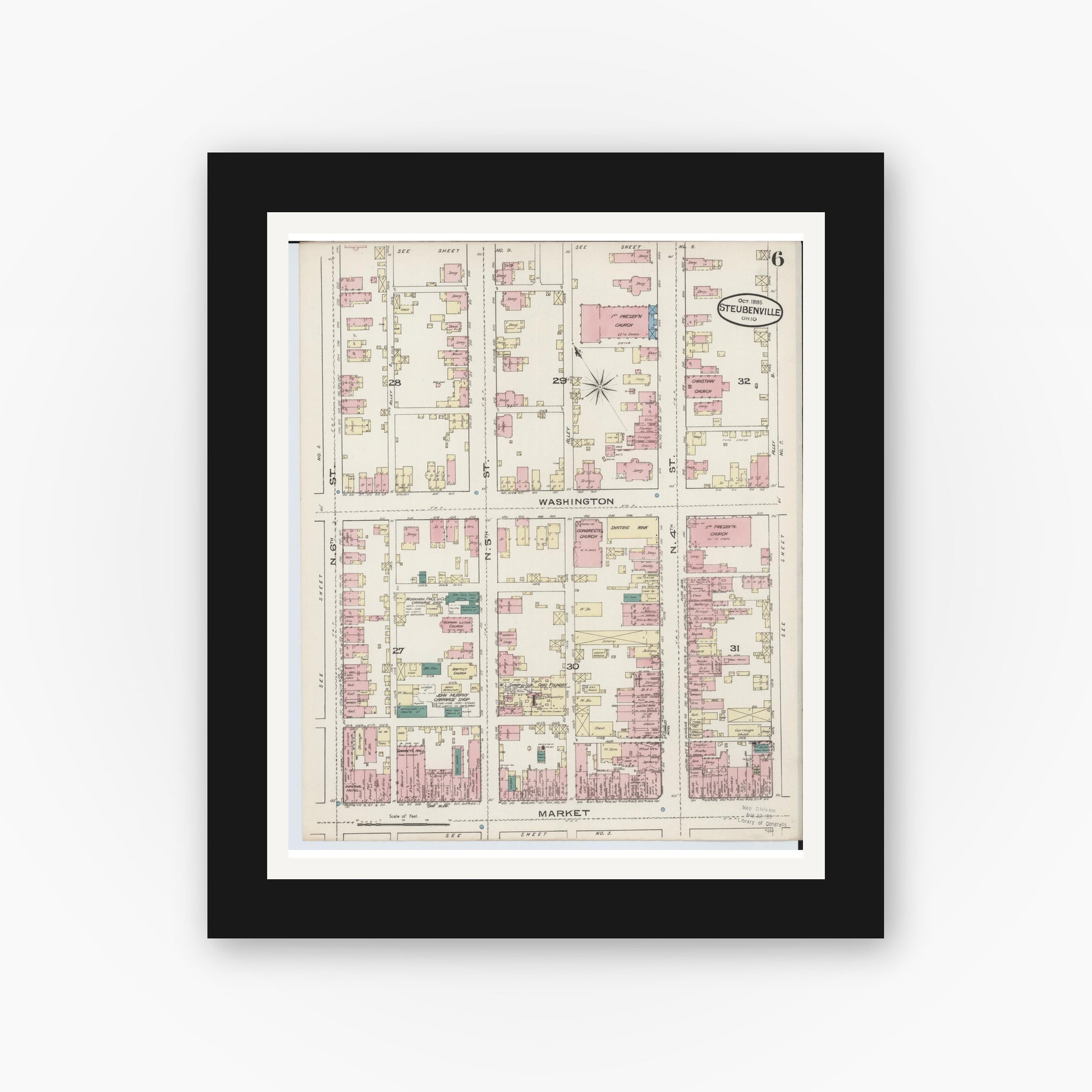 Old map wall art mockup — black gallery frame with white mat — Sanborn Fire Insurance Map from Steubenville, Jefferson County, Ohio (1885), Sheet #0006
