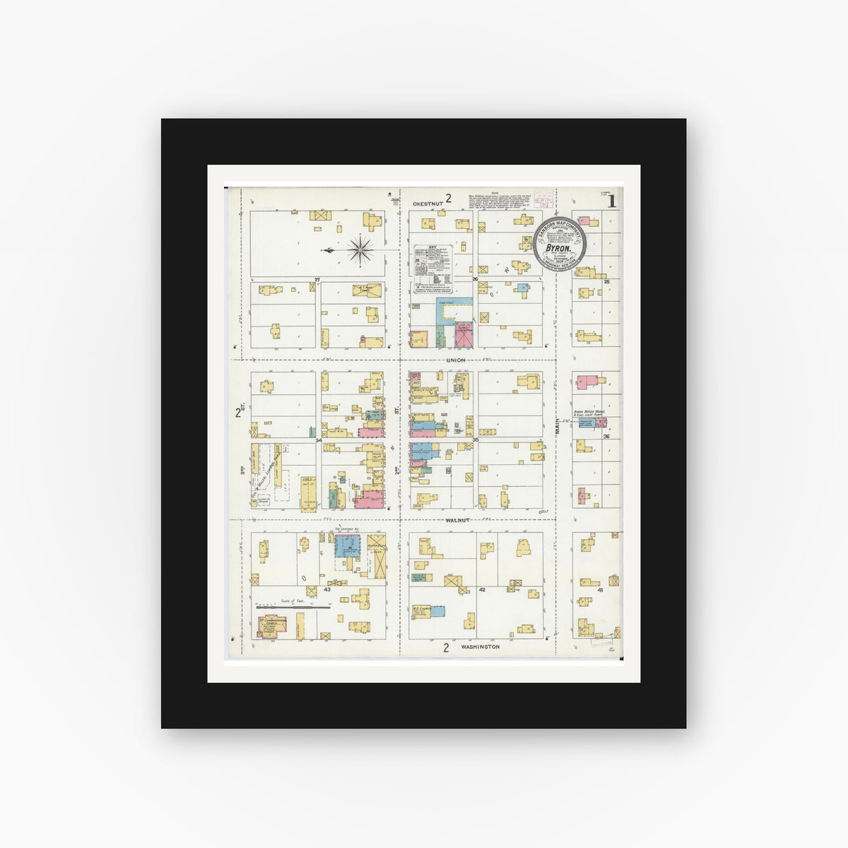 Old map wall art mockup — black gallery frame with white mat — Sanborn Fire Insurance Map from Byron, Ogle County, Illinois (1904) - Complete Map Set
