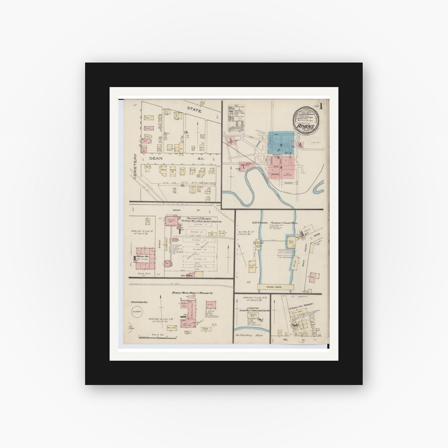 Old map wall art mockup — black gallery frame with white mat — Sanborn Fire Insurance Map from Athens, Athens County, Ohio (1885) - Complete Map Set