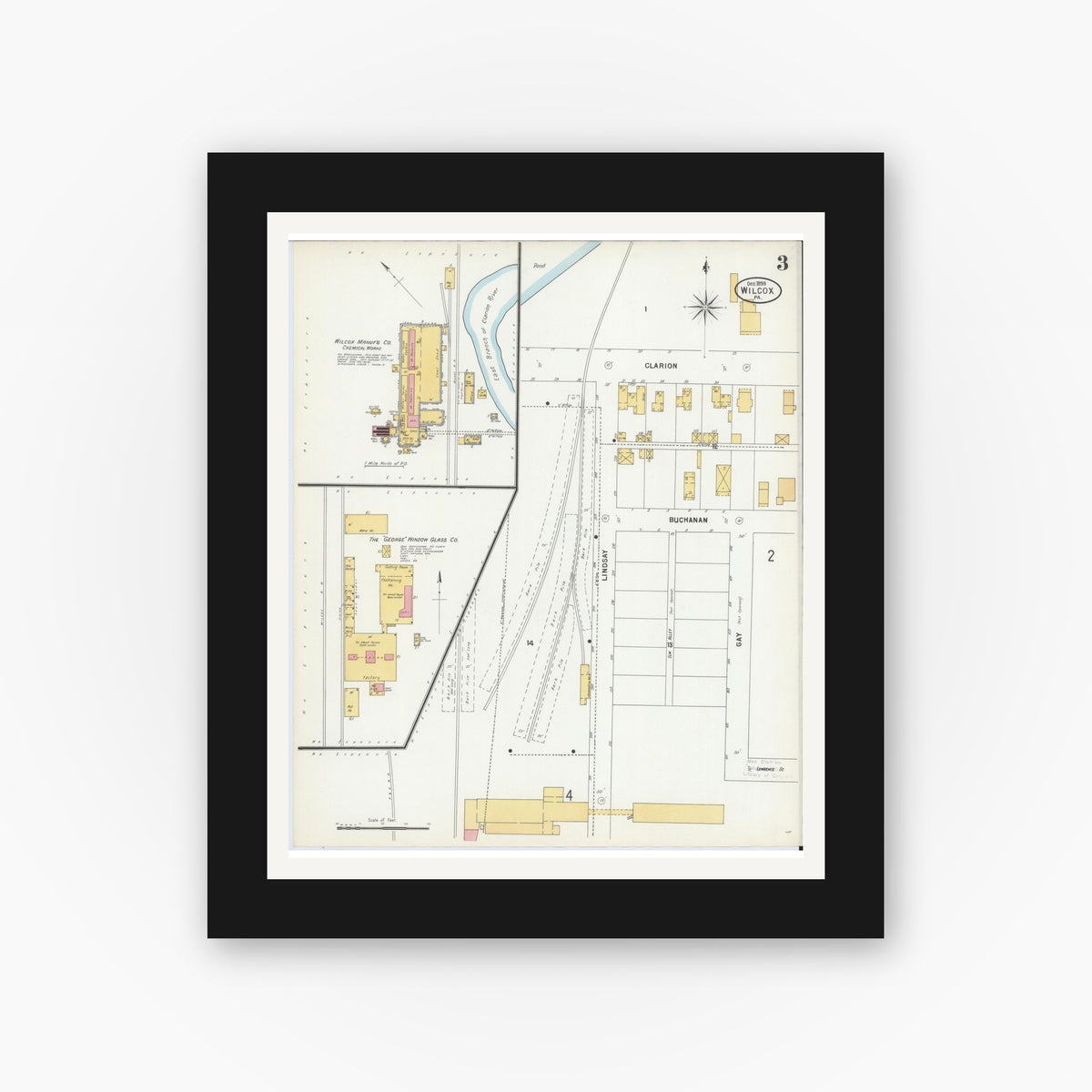 Old map wall art mockup — black gallery frame with white mat — Sanborn Fire Insurance Map from Wilcox, Elk County, Pennsylvania (1900), Sheet #0003