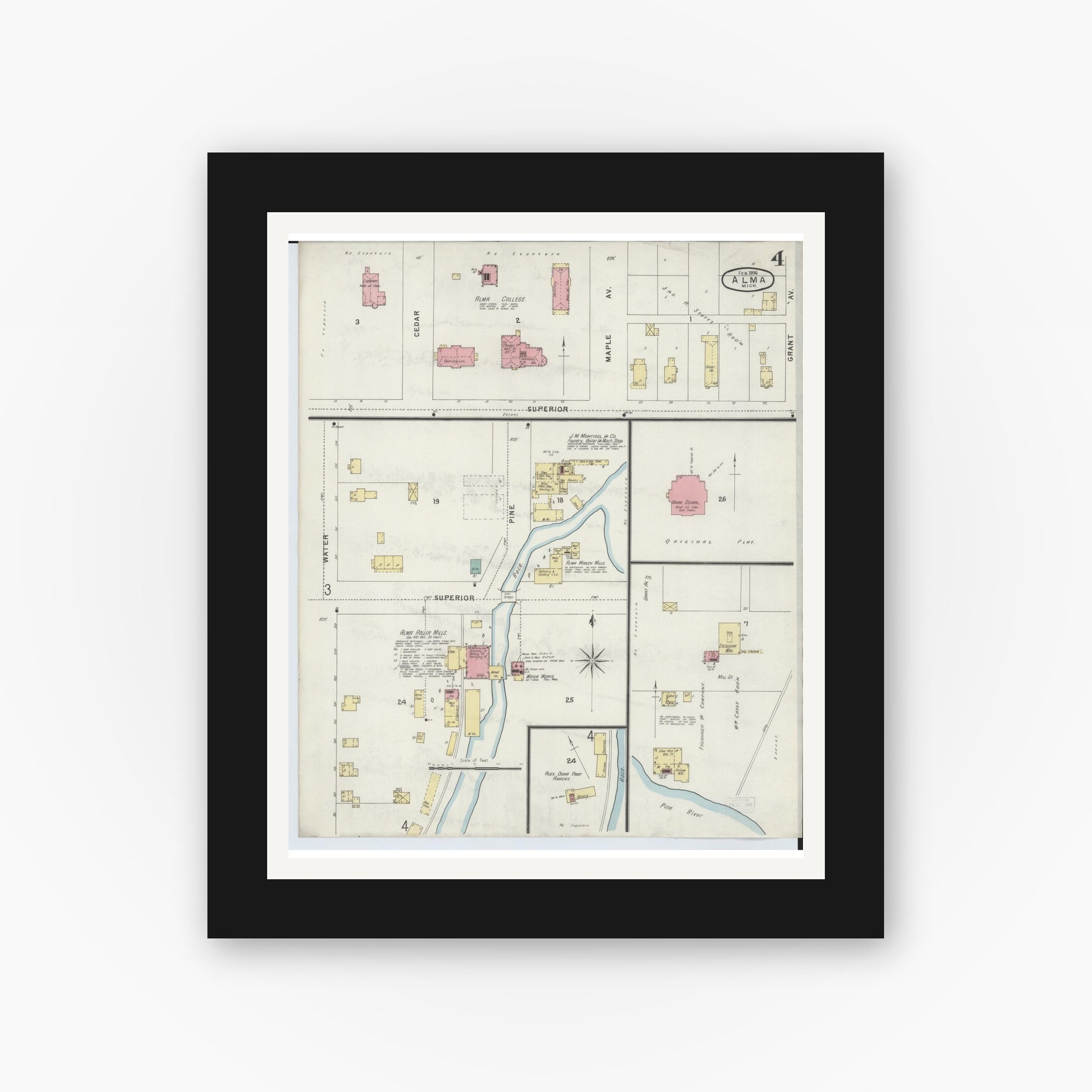 Old map wall art mockup — black gallery frame with white mat — Sanborn Fire Insurance Map from Alma, Gratiot County, Michigan (1896), Sheet #0004