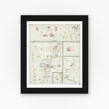 Old map wall art mockup — black gallery frame with white mat — Sanborn Fire Insurance Map from Alma, Gratiot County, Michigan (1896), Sheet #0004