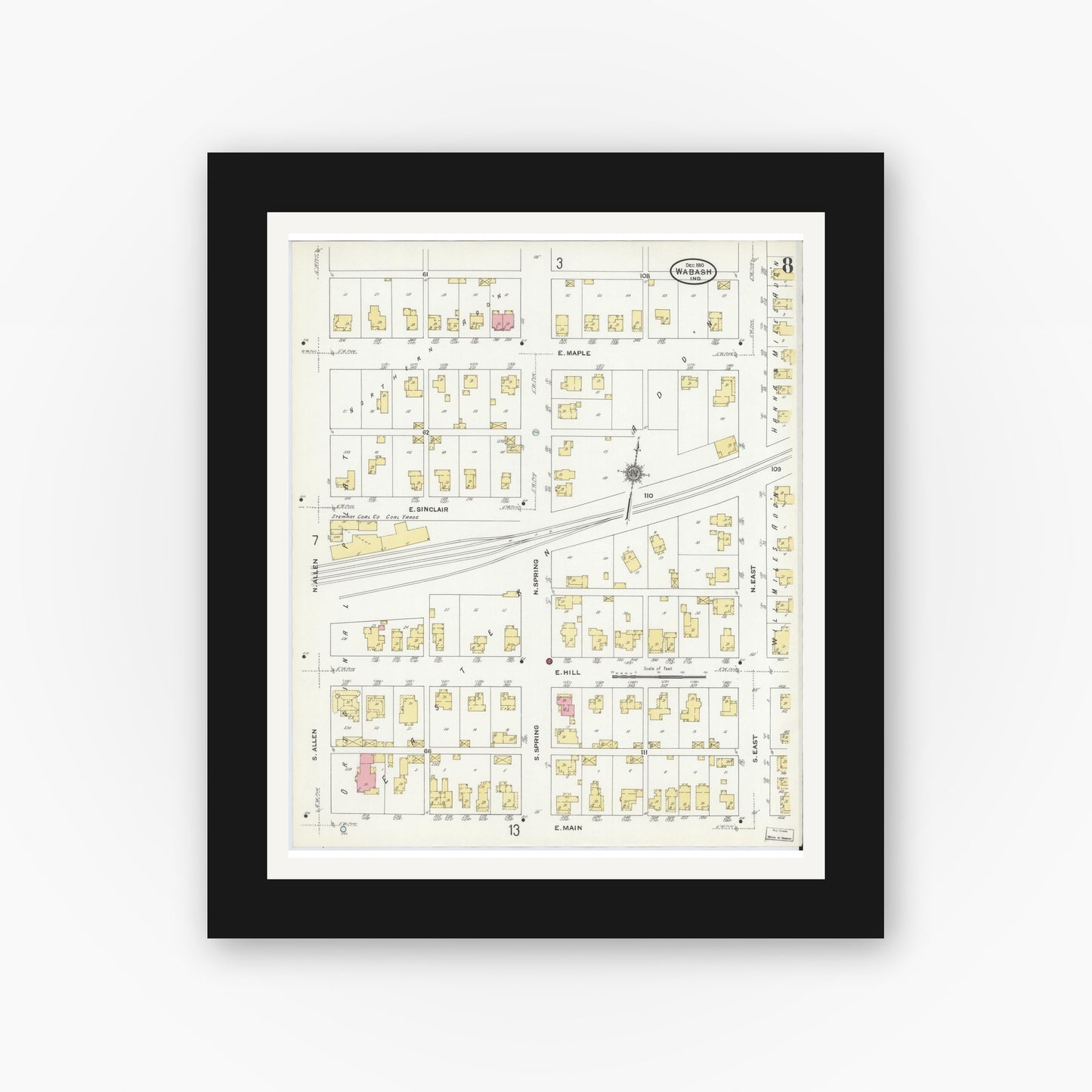 Old map wall art mockup — black gallery frame with white mat — Sanborn Fire Insurance Map from Wabash, Wabash County, Indiana (1910), Sheet #0008