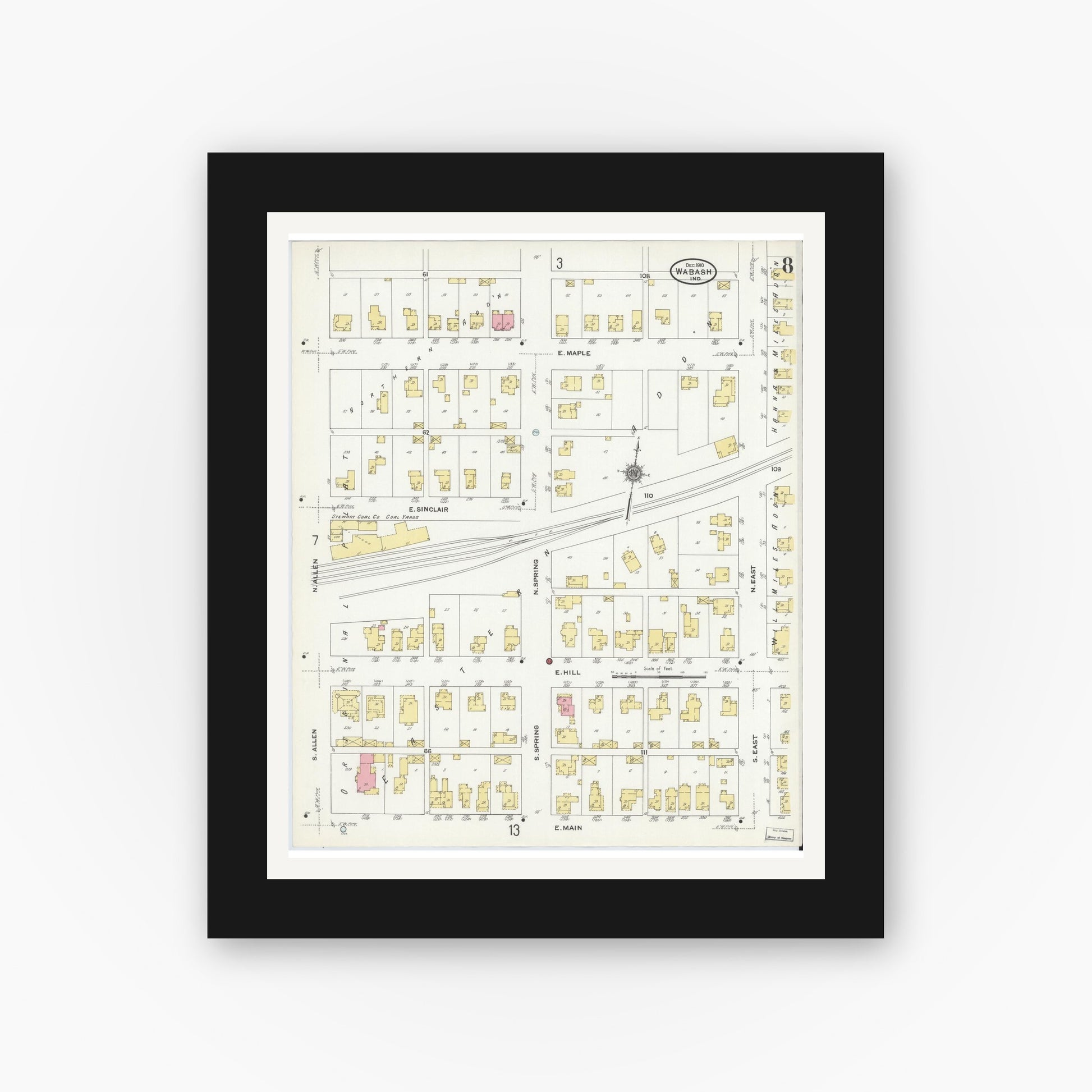 Old map wall art mockup — black gallery frame with white mat — Sanborn Fire Insurance Map from Wabash, Wabash County, Indiana (1910), Sheet #0008