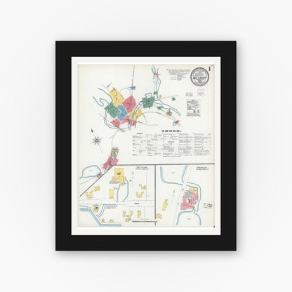 Old map wall art mockup — black gallery frame with white mat — Sanborn Fire Insurance Map from Millbury, Worcester County, Massachusetts (1904), Sheet #0001