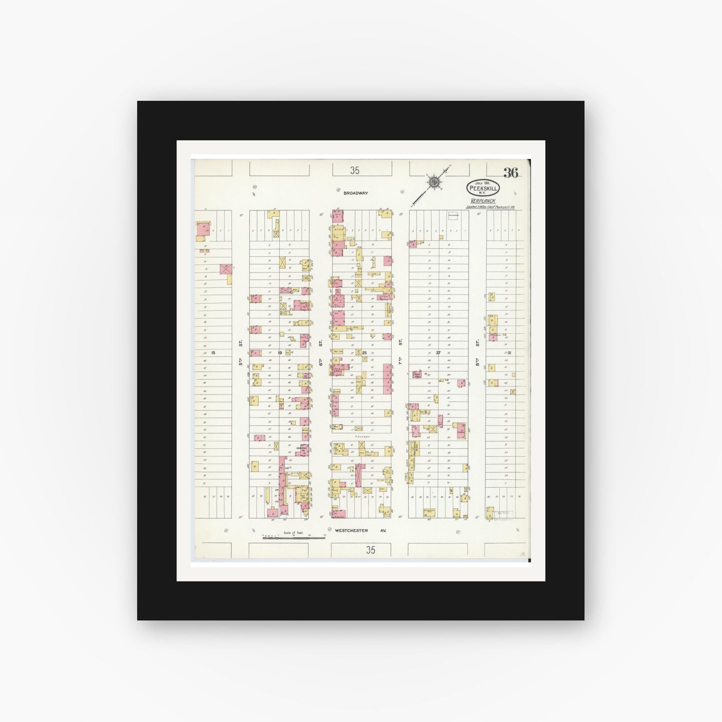Old map wall art mockup — black gallery frame with white mat — Sanborn Fire Insurance Map from Peekskill, Westchester County, New York (1911), Sheet #0036