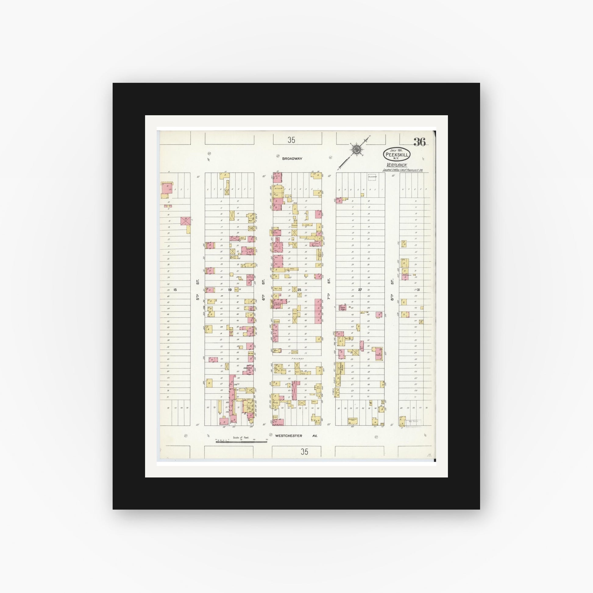 Old map wall art mockup — black gallery frame with white mat — Sanborn Fire Insurance Map from Peekskill, Westchester County, New York (1911), Sheet #0036