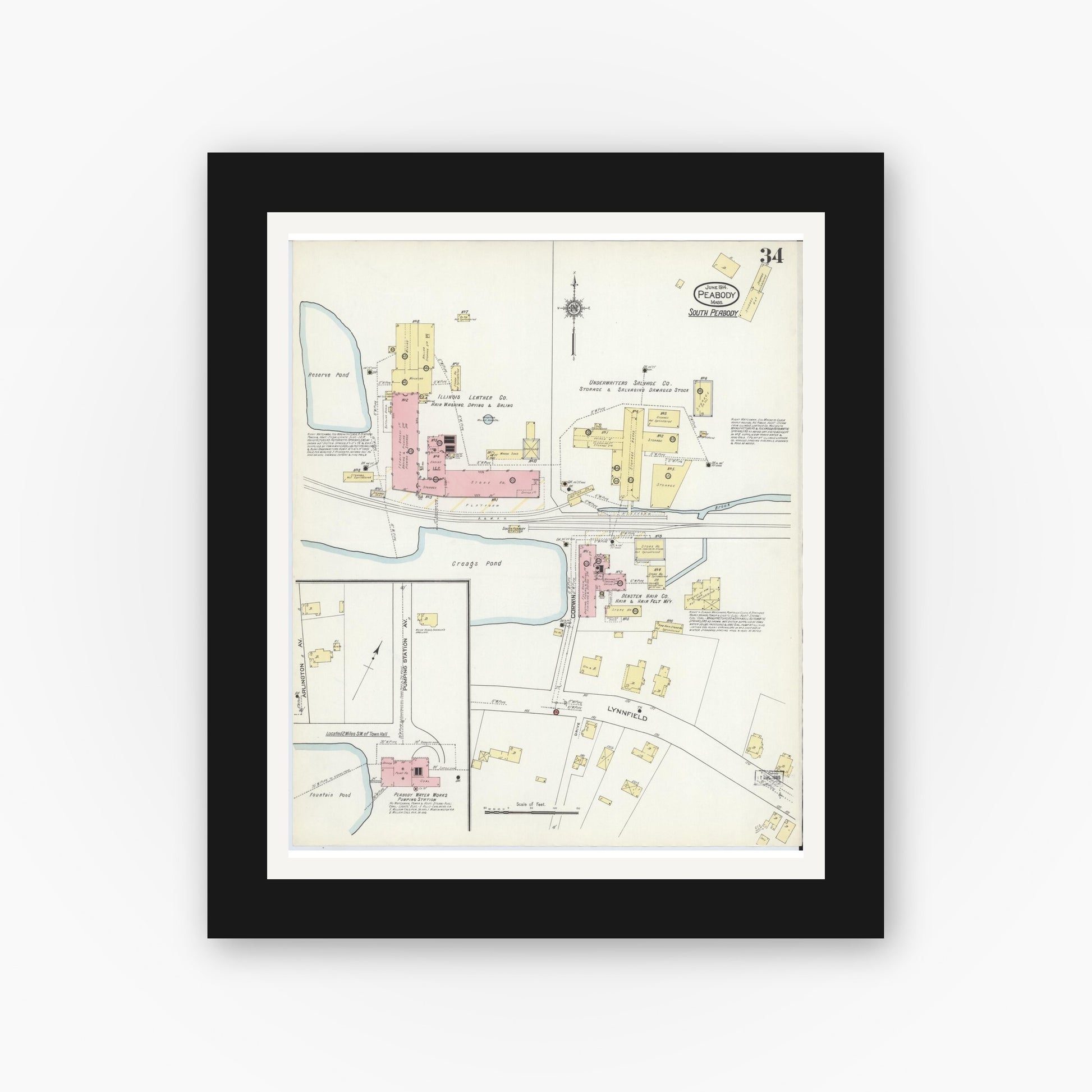 Old map wall art mockup — black gallery frame with white mat — Sanborn Fire Insurance Map from Peabody, Essex County, Massachusetts (1914), Sheet #0034