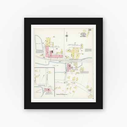 Old map wall art mockup — black gallery frame with white mat — Sanborn Fire Insurance Map from Peabody, Essex County, Massachusetts (1914), Sheet #0034