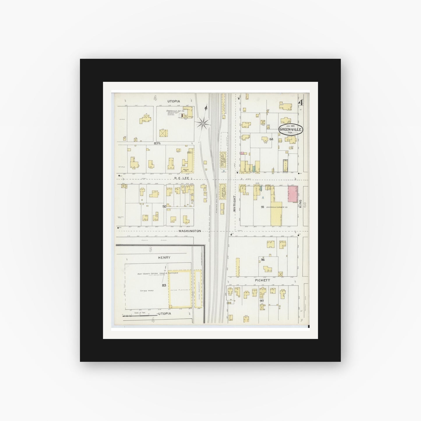 Old map wall art mockup — black gallery frame with white mat — Sanborn Fire Insurance Map from Greenville, Hunt County, Texas (1893), Sheet #0004