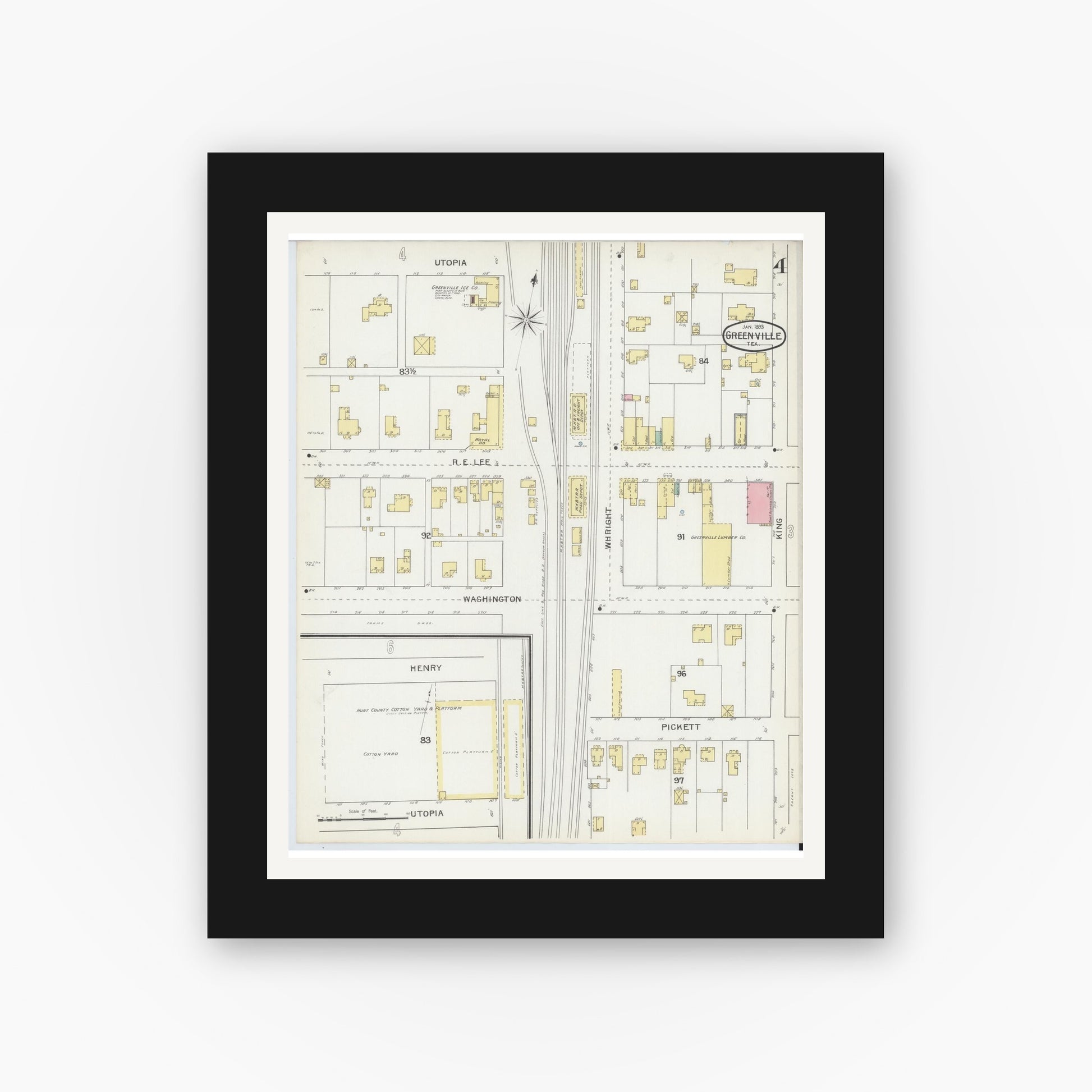 Old map wall art mockup — black gallery frame with white mat — Sanborn Fire Insurance Map from Greenville, Hunt County, Texas (1893), Sheet #0004