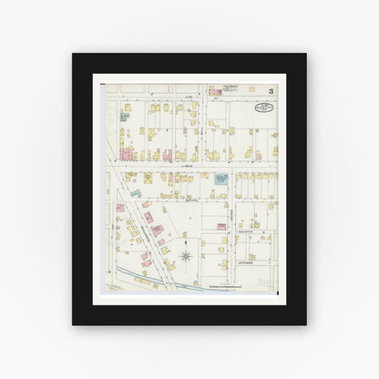 Old map wall art mockup — black gallery frame with white mat — Sanborn Fire Insurance Map from Plain City, Madison And Union Counties, Ohio (1895), Sheet #0003