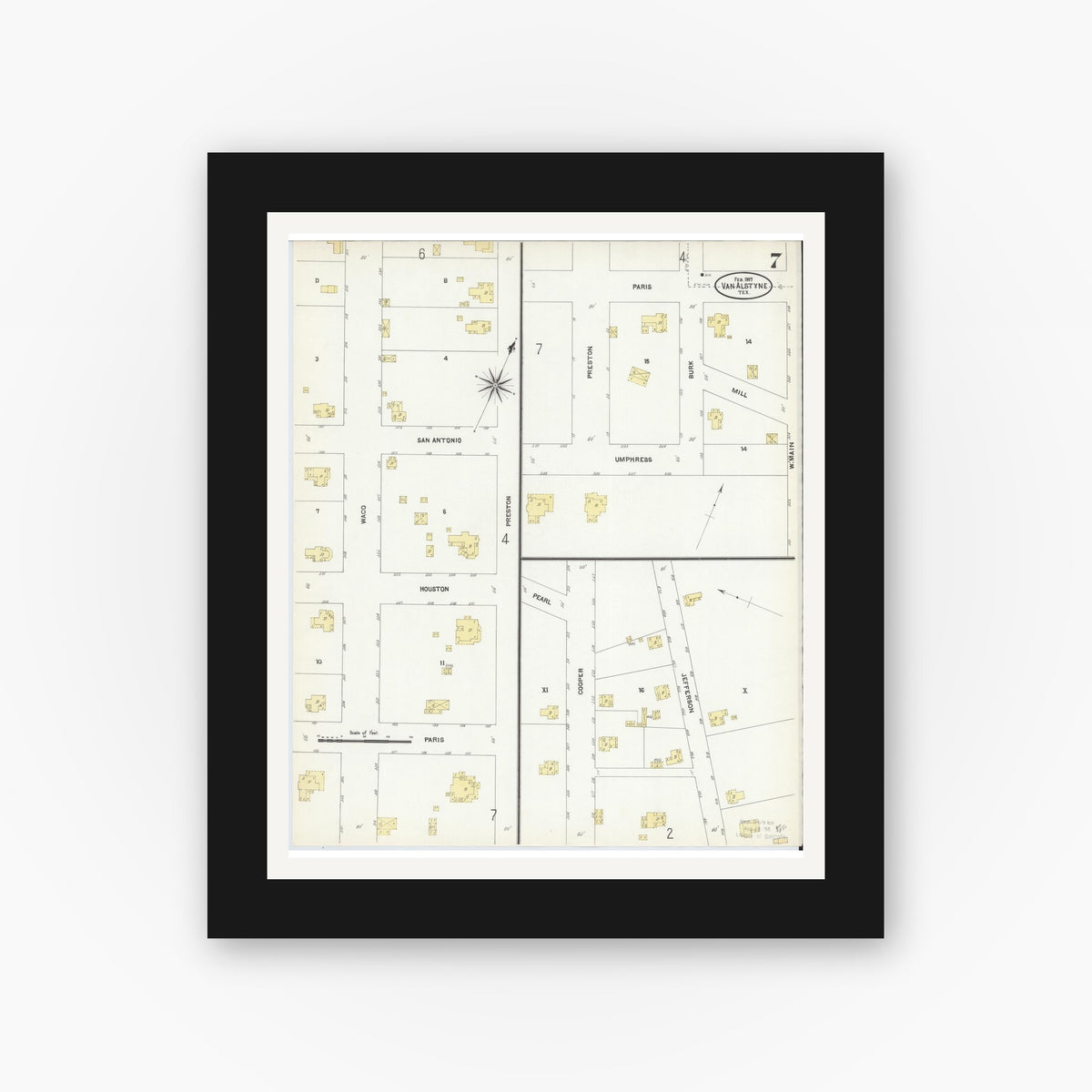 Old map wall art mockup — black gallery frame with white mat — Sanborn Fire Insurance Map from Van Alstyne, Grayson County, Texas (1907), Sheet #0007