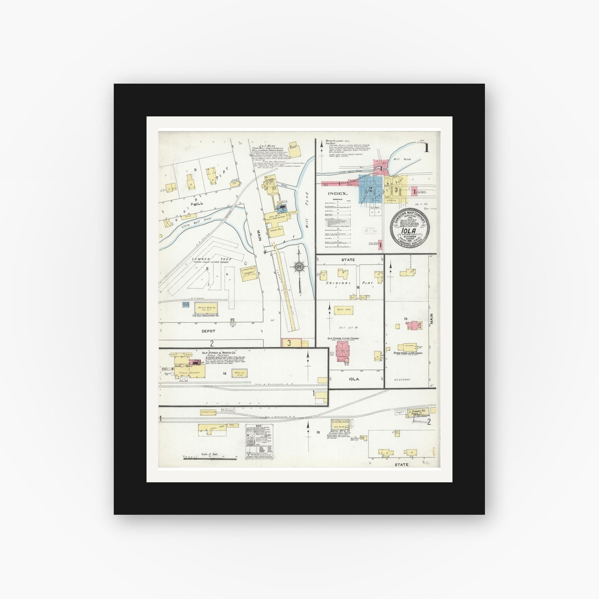 Old map wall art mockup — black gallery frame with white mat — Sanborn Fire Insurance Map from Iola, Waupaca County, Wisconsin (1911) - Complete Map Set