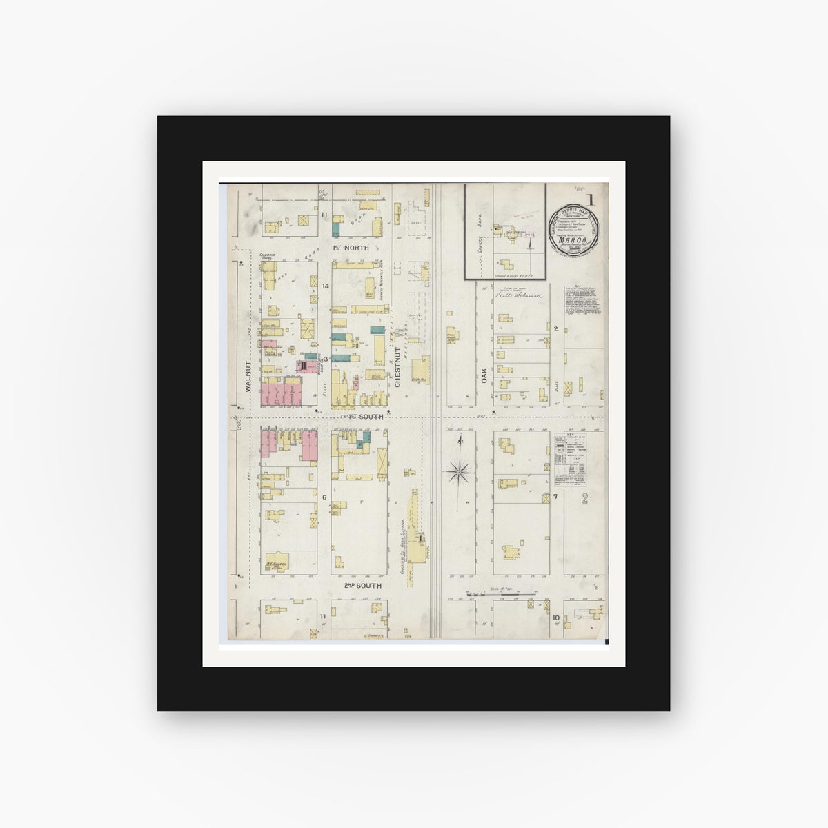 Old map wall art mockup — black gallery frame with white mat — Sanborn Fire Insurance Map from Maroa, Macon County, Illinois (1893) - Complete Map Set