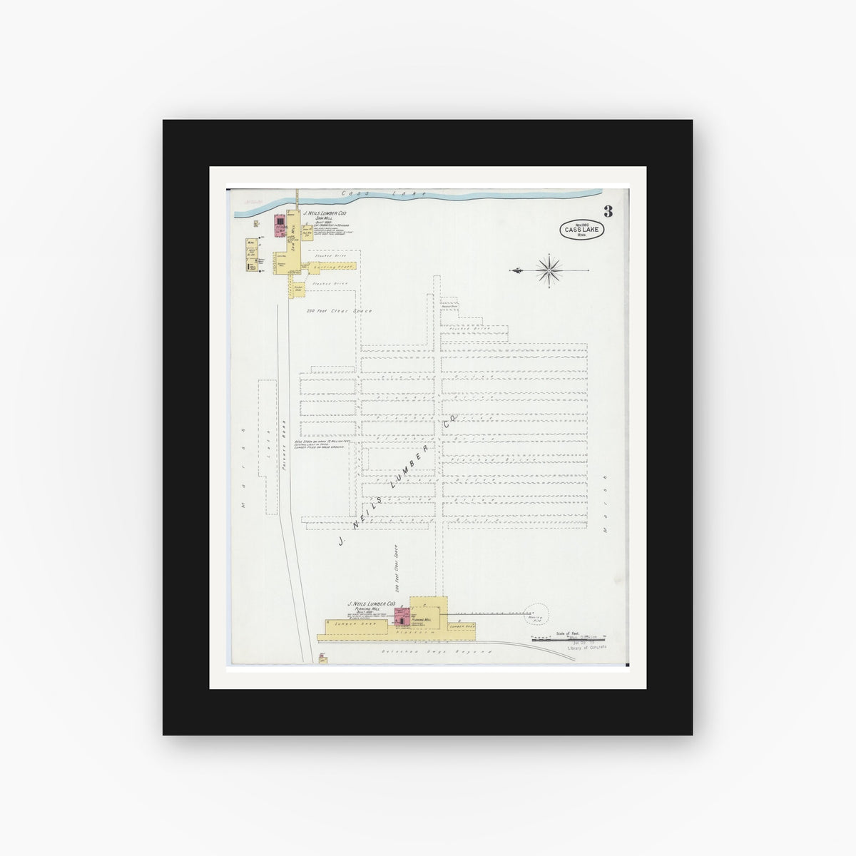 Old map wall art mockup — black gallery frame with white mat — Sanborn Fire Insurance Map from Cass Lake, Cass County, Minnesota (1900), Sheet #0003