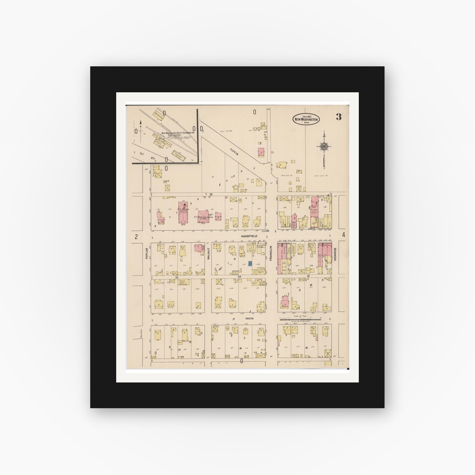 Old map wall art mockup — black gallery frame with white mat — Sanborn Fire Insurance Map from New Washington, Crawford County, Ohio (1922), Sheet #0003