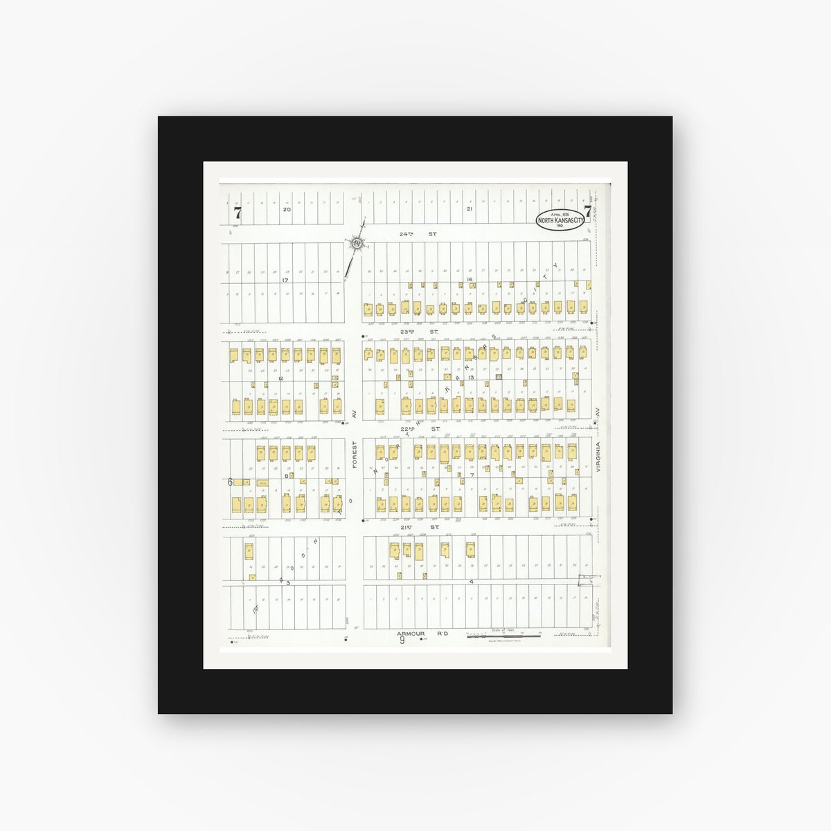 Old map wall art mockup — black gallery frame with white mat — Sanborn Fire Insurance Map from North Kansas City, Clay County, Missouri (1926), Sheet #0007