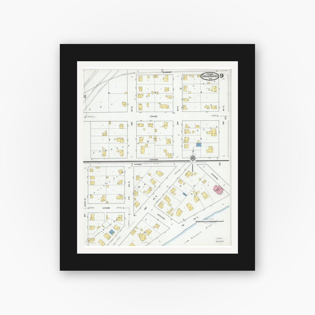 Old map wall art mockup — black gallery frame with white mat — Sanborn Fire Insurance Map from Grand Rapids, Wood County, Wisconsin (1919), Sheet #0009