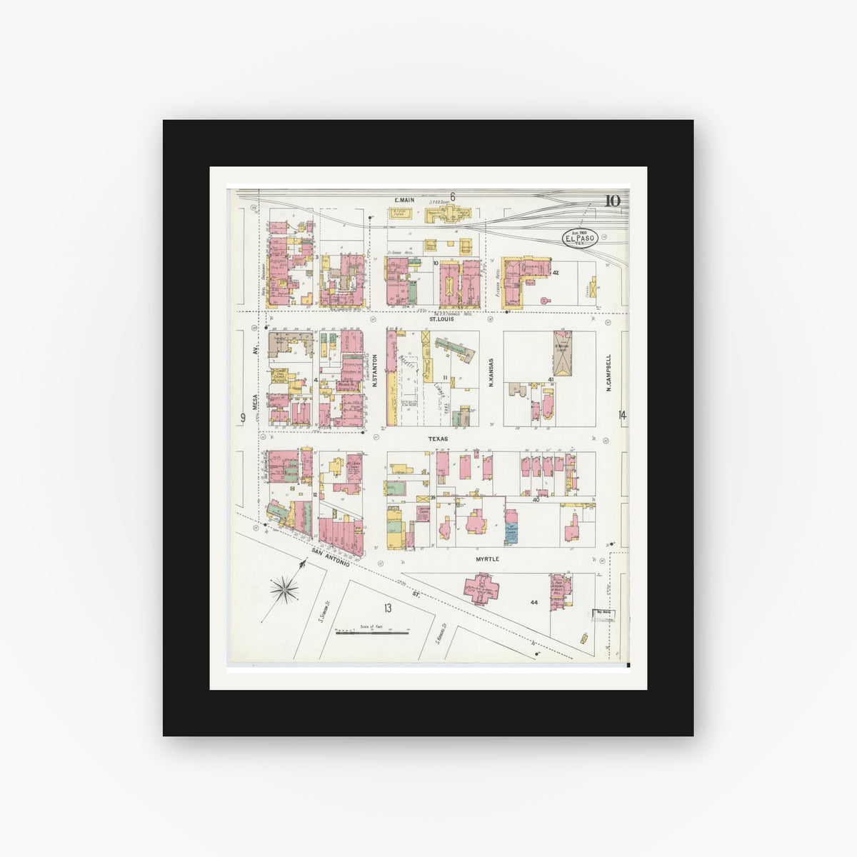 Old map wall art mockup — black gallery frame with white mat — Sanborn Fire Insurance Map from El Paso, El Paso County, Texas (1900), Sheet #0010