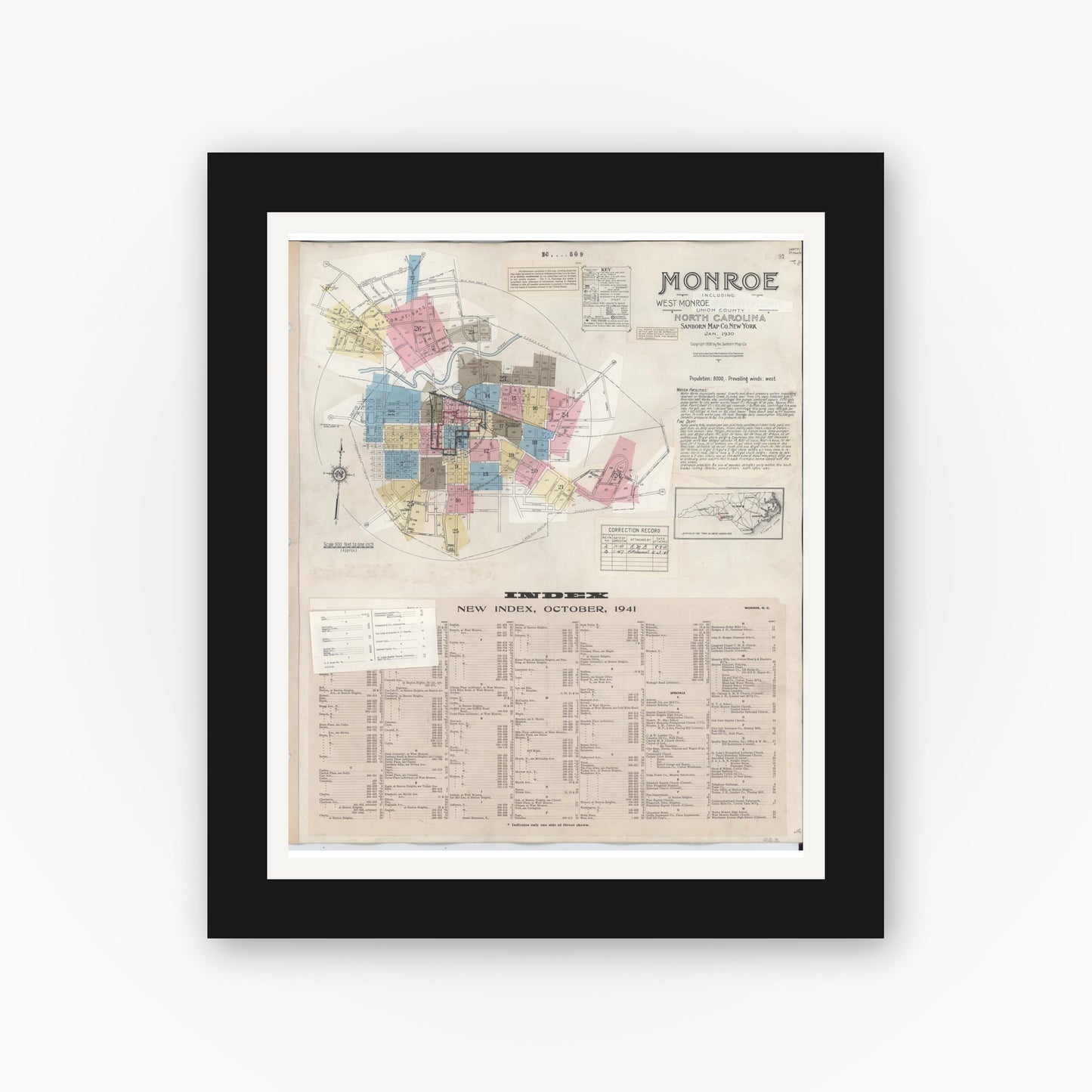 Old map wall art mockup — black gallery frame with white mat — Sanborn Fire Insurance Map from Monroe, Union County, North Carolina (1947), Sheet #0001