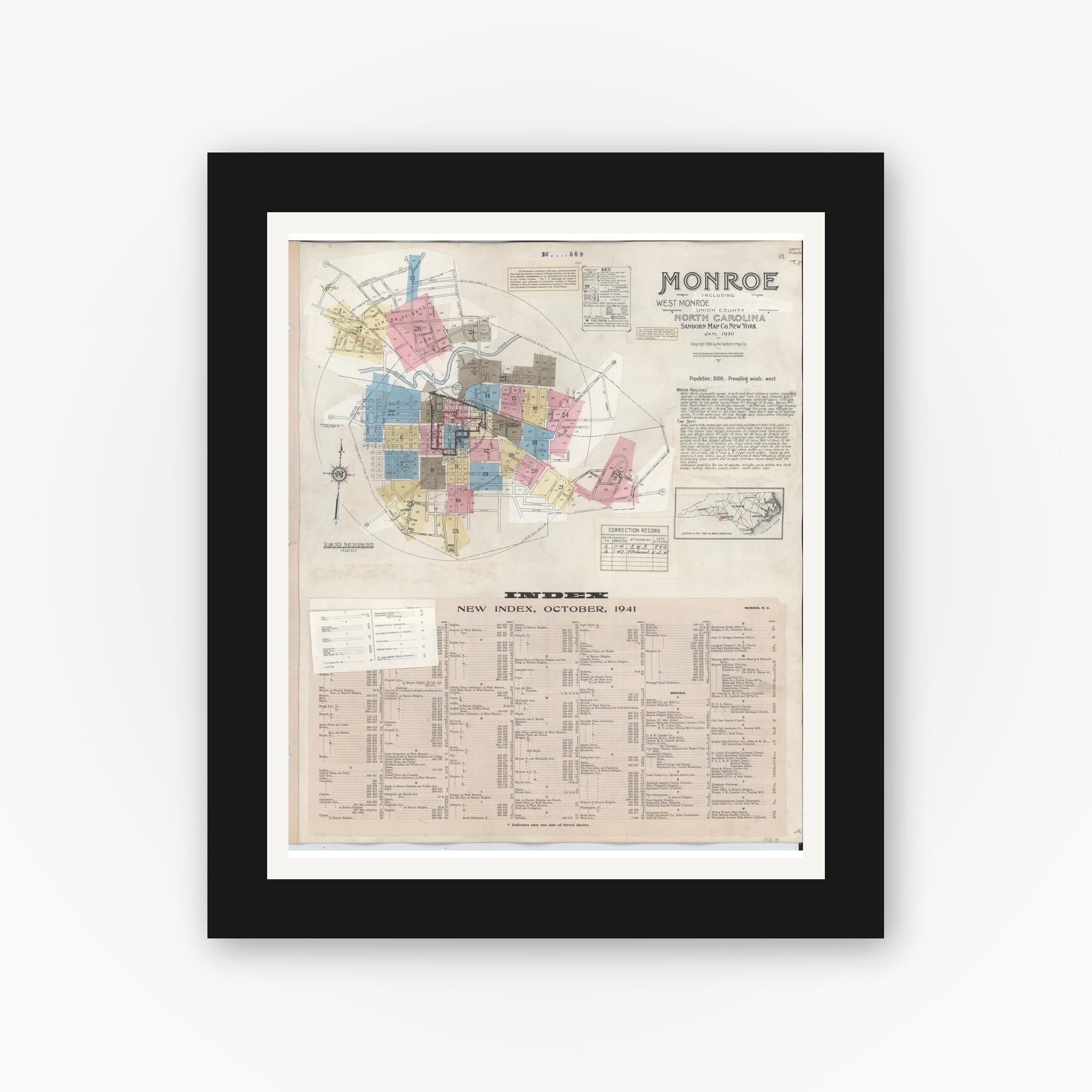 Old map wall art mockup — black gallery frame with white mat — Sanborn Fire Insurance Map from Monroe, Union County, North Carolina (1947), Sheet #0001