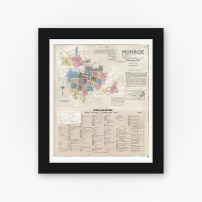 Old map wall art mockup — black gallery frame with white mat — Sanborn Fire Insurance Map from Monroe, Union County, North Carolina (1947), Sheet #0001
