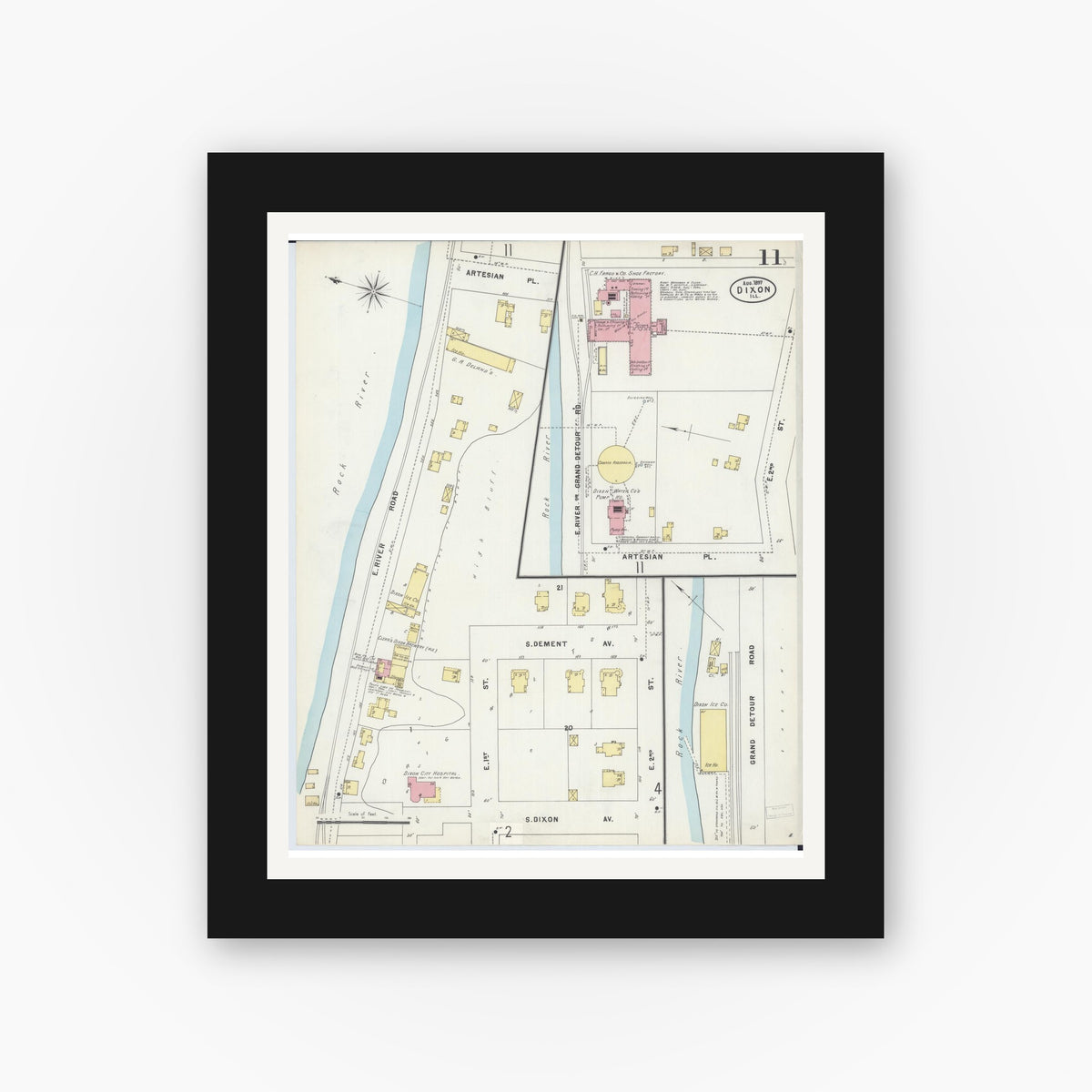 Old map wall art mockup — black gallery frame with white mat — Sanborn Fire Insurance Map from Dixon, Lee County, Illinois (1897), Sheet #0011