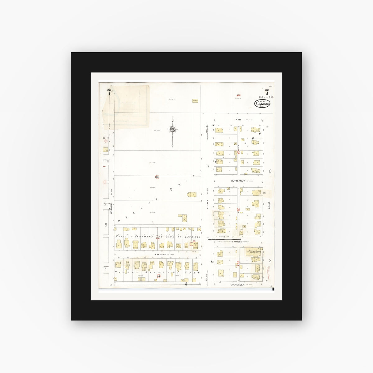 Old map wall art mockup — black gallery frame with white mat — Sanborn Fire Insurance Map from Elmwood, Peoria County, Illinois (1944), Sheet #0007