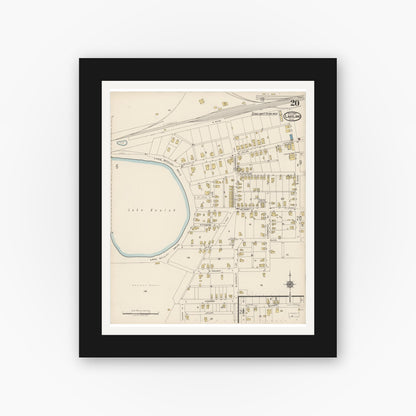 Old map wall art mockup — black gallery frame with white mat — Sanborn Fire Insurance Map from Lakeland, Polk County, Florida (1922), Sheet #0020