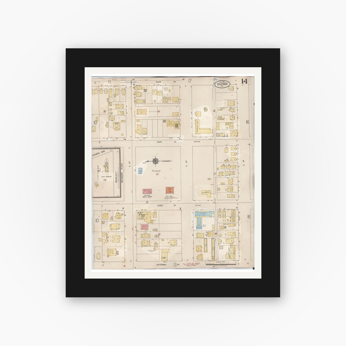 Old map wall art mockup — black gallery frame with white mat — Sanborn Fire Insurance Map from Calexico, Imperial County, California (1949), Sheet #0014