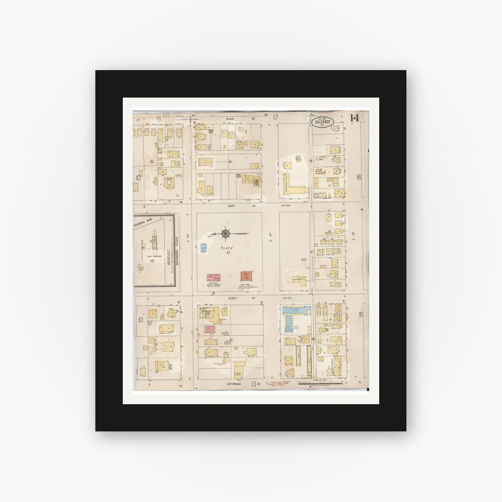 Old map wall art mockup — black gallery frame with white mat — Sanborn Fire Insurance Map from Calexico, Imperial County, California (1949), Sheet #0014