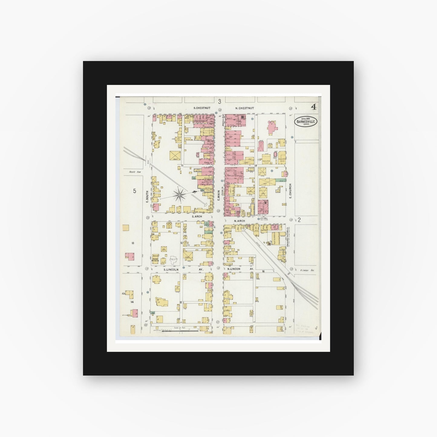 Old map wall art mockup — black gallery frame with white mat — Sanborn Fire Insurance Map from Barnesville, Belmont County, Ohio (1899), Sheet #0004