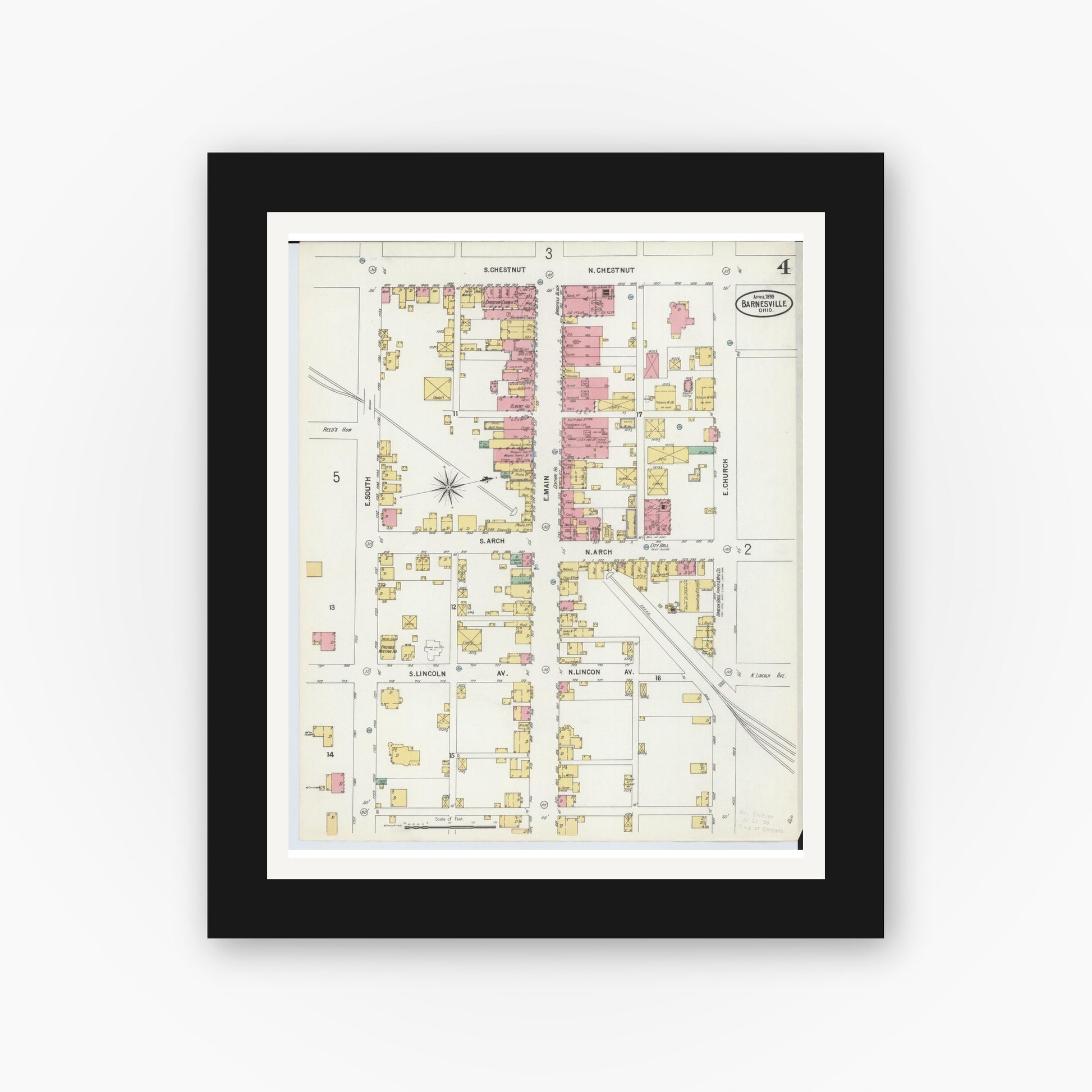 Old map wall art mockup — black gallery frame with white mat — Sanborn Fire Insurance Map from Barnesville, Belmont County, Ohio (1899), Sheet #0004