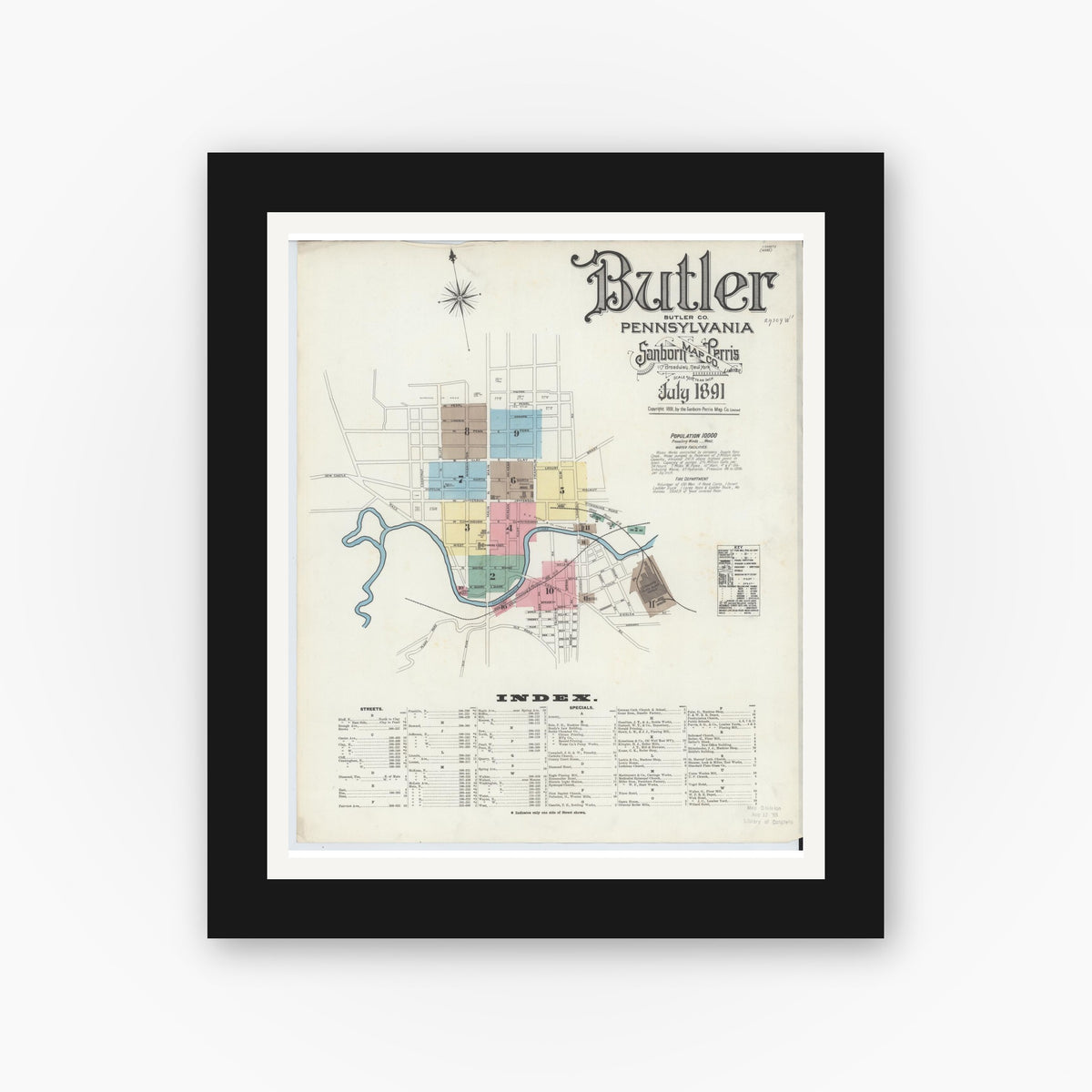 Old map wall art mockup — black gallery frame with white mat — Sanborn Fire Insurance Map from Butler, Butler County, Pennsylvania (1891) - Complete Map Set