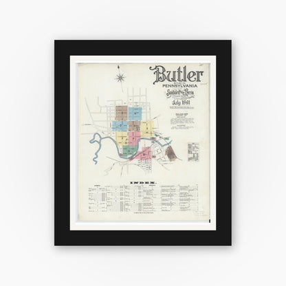 Old map wall art mockup — black gallery frame with white mat — Sanborn Fire Insurance Map from Butler, Butler County, Pennsylvania (1891) - Complete Map Set